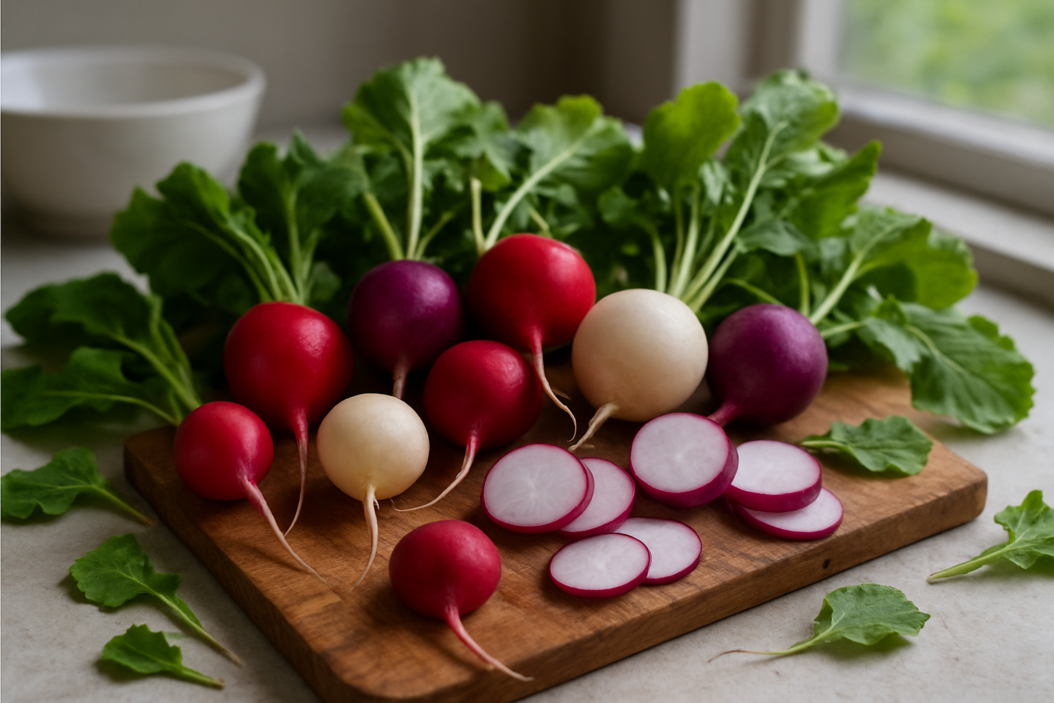 Create a realistic image of a vibrant collection of fresh radishes in various colors including red, white, and purple varieties arranged on a rustic wooden cutting board, some whole radishes with green leafy tops still attached and others sliced to show their crisp white interior, surrounded by scattered radish leaves and a few small roots visible, placed on a kitchen counter with soft natural lighting from a nearby window creating gentle shadows, with a clean white ceramic bowl partially visible in the background and hints of a garden visible through the blurred window, conveying a fresh farm-to-table atmosphere that celebrates the versatility and natural beauty of radishes, absolutely NO text should be in the scene.