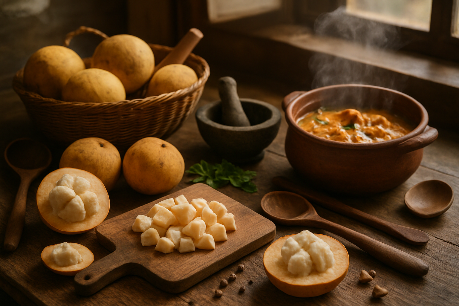 Create a realistic image of a traditional kitchen scene featuring fresh santol fruits alongside various culinary preparations, including sliced santol pieces showing the white cotton-like flesh, a wooden cutting board with diced santol, a clay pot with santol curry or stew simmering, fresh santol fruits in a woven basket, traditional cooking utensils like wooden spoons and mortar and pestle, herbs and spices scattered around, warm natural lighting from a window, rustic wooden countertop background, steam rising from the cooking pot, creating an authentic cooking atmosphere that showcases the culinary versatility of santol fruit, absolutely NO text should be in the scene.