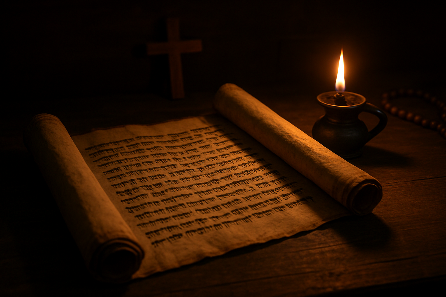 Create a realistic image of an ancient scroll or parchment with Hebrew text lying open on a wooden table, with a traditional oil lamp casting warm golden light across the aged paper, creating dramatic shadows that emphasize the sacred and contemplative nature of biblical study, surrounded by subtle religious artifacts like a simple wooden cross or prayer beads in the softly lit background, conveying a scholarly and reverent atmosphere for understanding ancient religious texts, absolutely NO text should be in the scene.