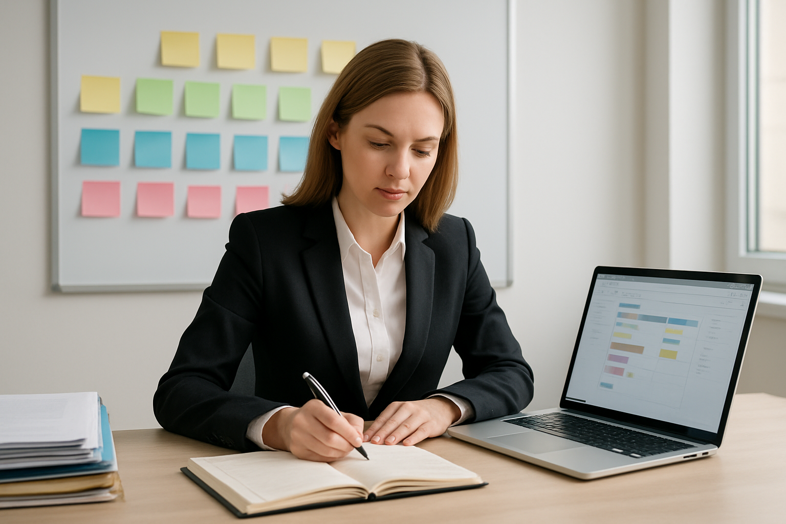 Create a realistic image of a professional white woman in business attire sitting at a clean, organized desk with multiple color-coded sticky notes arranged in priority order on a whiteboard behind her, holding a pen while writing in a planner, with a laptop displaying a task management interface, surrounded by neatly stacked documents and folders, in a bright, well-lit modern office environment with natural lighting from a window, conveying focus and organization. Absolutely NO text should be in the scene.