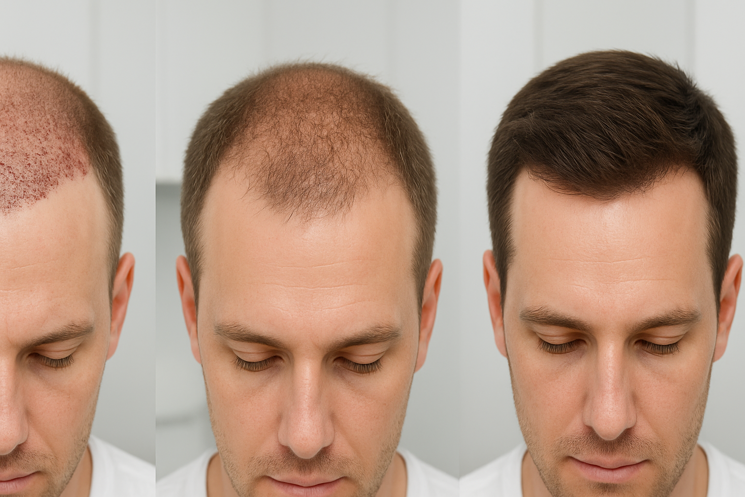 Create a realistic image of a white male patient's scalp showing a progressive timeline of hair transplant recovery stages from left to right, displaying initial post-procedure appearance with small grafts, early growth at 3-6 months with sparse new hair, and final results at 12-18 months with full thick natural hair growth, shot in a medical clinic environment with soft professional lighting and clean white background, absolutely NO text should be in the scene.