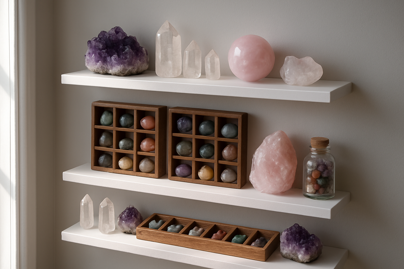Create a realistic image of a well-organized crystal collection displayed on white floating shelves mounted on a light gray wall, featuring various crystals of different sizes, colors, and types including amethyst clusters, clear quartz points, rose quartz spheres, and colorful tumbled stones arranged in wooden display boxes, glass containers, and small labeled compartments, with soft natural lighting from a nearby window creating gentle shadows and highlighting the crystals' natural beauty and translucent qualities, shot from a slightly angled perspective to show the systematic organization and easy accessibility of the collection, absolutely NO text should be in the scene.