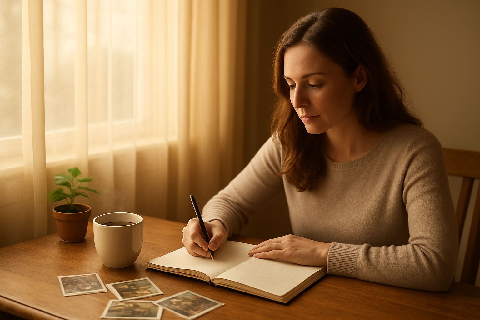 Create a realistic image of a peaceful indoor scene showing a white female in her 30s sitting at a wooden desk near a large window, writing thoughtfully in an open journal with a pen, surrounded by soft natural daylight, with a steaming cup of tea, a small potted plant, and a few scattered photos from past year's memories on the desk, creating a contemplative atmosphere for personal reflection and goal-setting, with warm golden lighting filtering through sheer curtains, absolutely NO text should be in the scene.