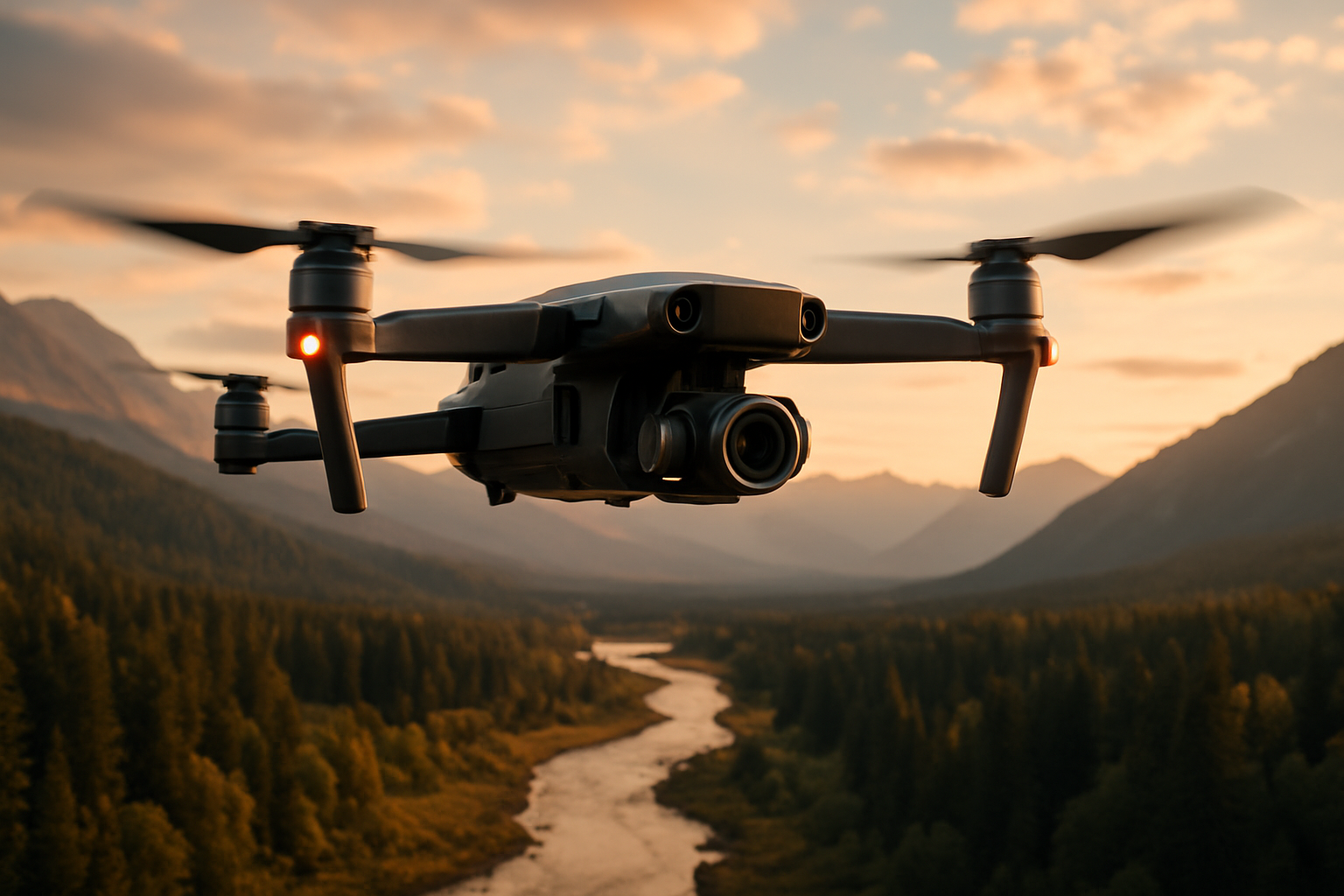 Create a realistic image of a high-end drone hovering in mid-air capturing stunning aerial footage, with its advanced camera gimbal clearly visible and a beautiful landscape of mountains, forests, and a winding river spread below, shot during golden hour lighting that creates warm, cinematic tones across the scene, with the drone's camera lens prominently featured and professional-grade build quality evident, set against a dramatic sky with soft clouds, showcasing the premium video and photography capabilities that distinguish professional drones from basic models, absolutely NO text should be in the scene.