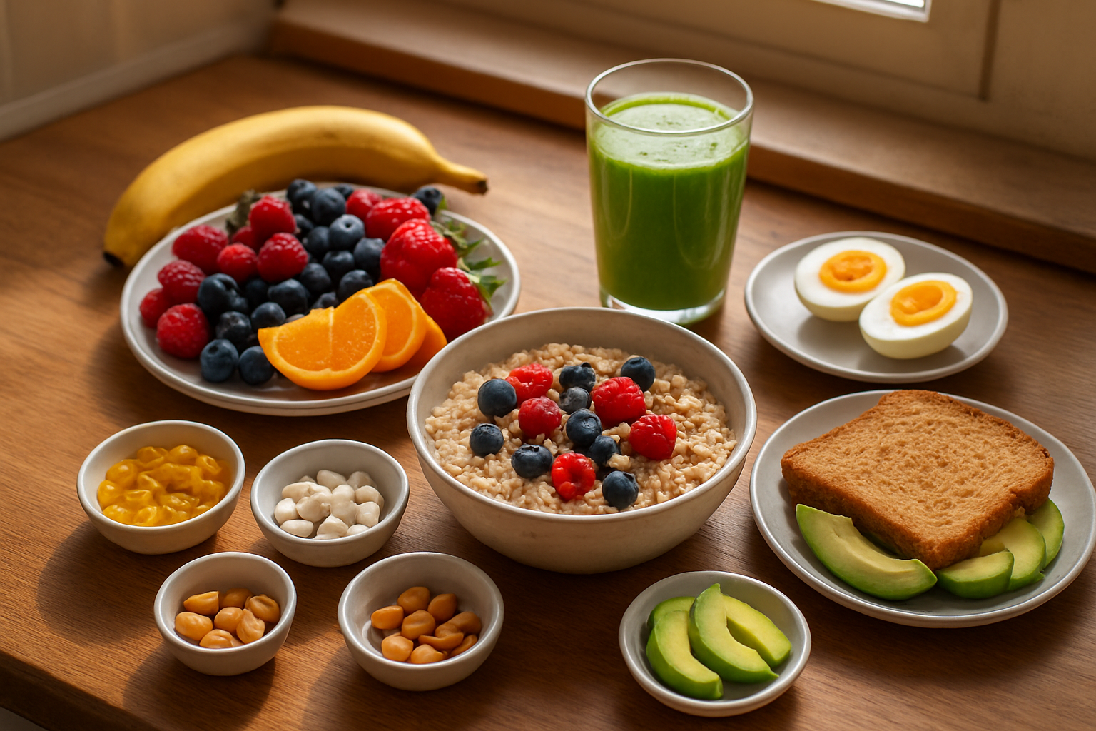 Create a realistic image of a beautifully arranged breakfast spread on a wooden kitchen counter featuring fresh colorful fruits like berries, oranges, and bananas, a bowl of oatmeal topped with nuts and seeds, a glass of green smoothie, whole grain toast, avocado slices, eggs, and a variety of vitamins and supplements in small bowls, all arranged in an organized manner with natural morning sunlight streaming through a nearby window creating warm lighting, shot from above at a slight angle to showcase the nutritious variety of foods. Absolutely NO text should be in the scene.