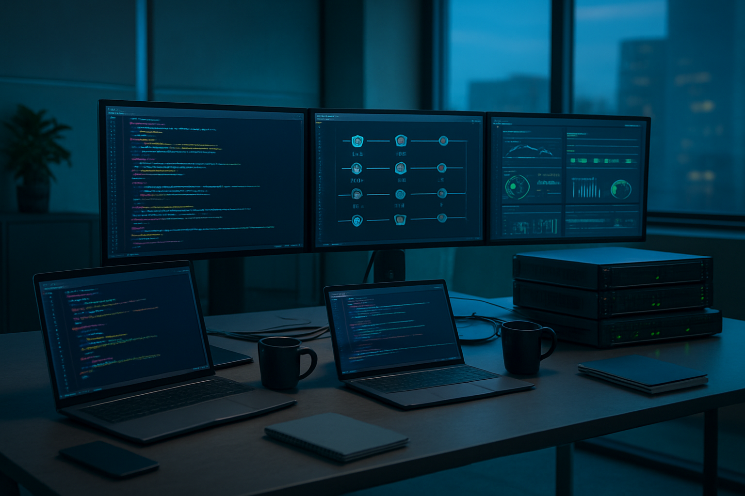 Create a realistic image of a modern office workspace showing DevOps fundamentals with multiple computer monitors displaying colorful code, deployment pipelines, and system dashboards, featuring sleek laptops, servers, and networking equipment arranged on a clean desk, with subtle blue and green ambient lighting creating a tech-focused atmosphere, including development tools, coffee cups, and notebooks scattered around the workspace to represent continuous integration and software development practices, all set against a contemporary office background with large windows showing a city view, absolutely NO text should be in the scene.