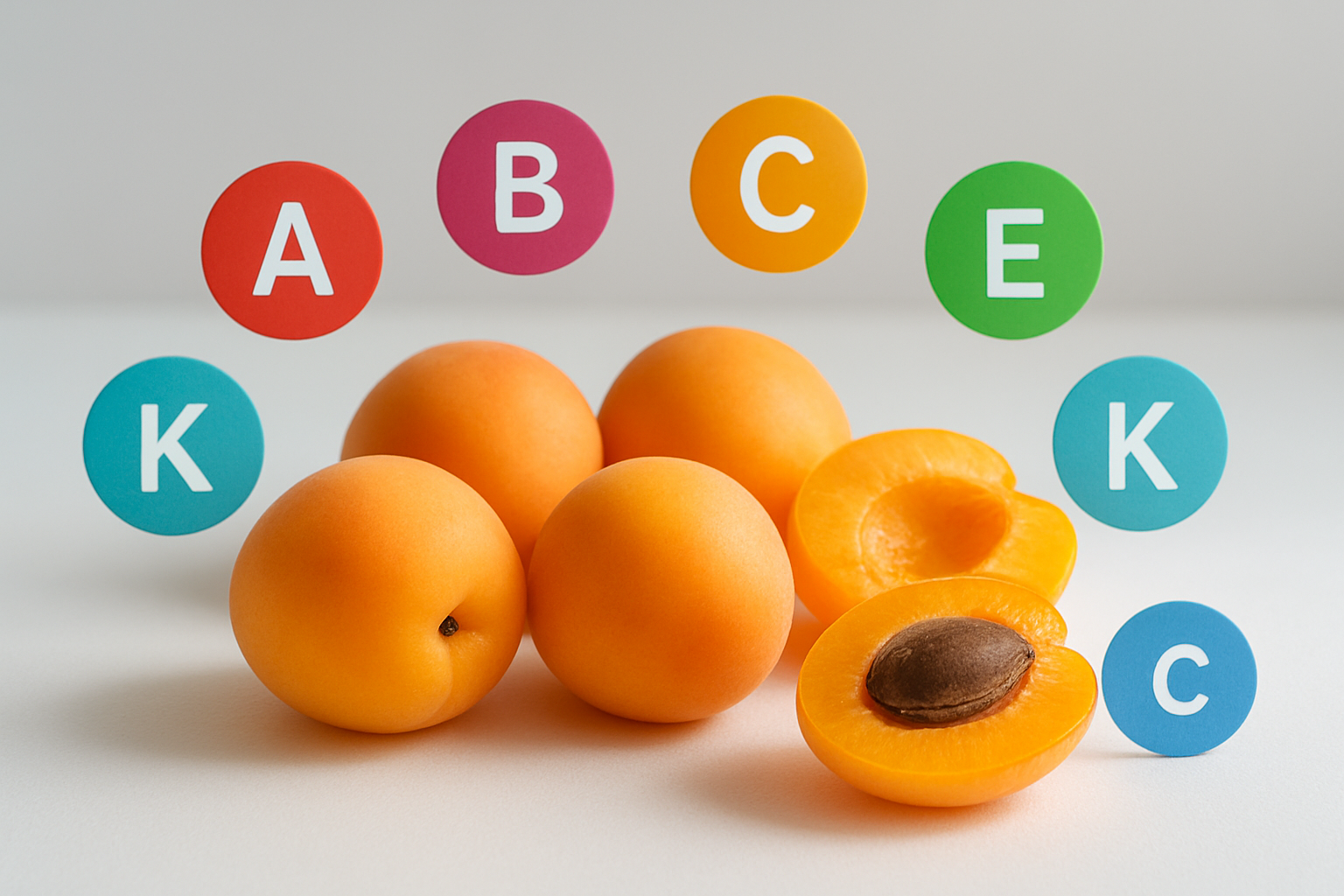 Create a realistic image of fresh whole apricots and halved apricots arranged on a clean white surface alongside colorful nutritional icons representing vitamins and minerals, with a soft natural lighting setup, a simple clean background, and a healthy lifestyle mood conveying wellness and nutrition, absolutely NO text should be in the scene.