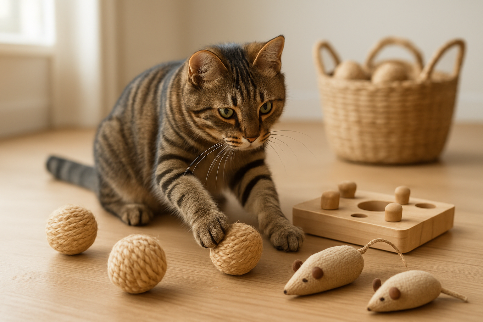 Create a realistic image of a beautiful tabby cat playing with various eco-friendly toys including natural sisal rope balls, organic catnip mice made from hemp fabric, and wooden puzzle feeders scattered on a light hardwood floor, with a woven basket containing more sustainable cat toys made from recycled materials in the background, soft natural lighting streaming through a window, creating a warm and inviting indoor scene that emphasizes environmental consciousness, absolutely NO text should be in the scene.