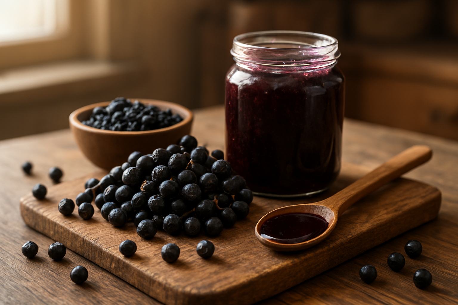 Create a realistic image of fresh black chokeberries arranged on a rustic wooden cutting board alongside culinary preparations including a glass jar of deep purple chokeberry jam, a small bowl of dried chokeberries, and a wooden spoon drizzled with dark berry syrup, with some berries scattered around showing their deep purple-black color and small size, set against a warm kitchen background with soft natural lighting from a window, absolutely NO text should be in the scene.