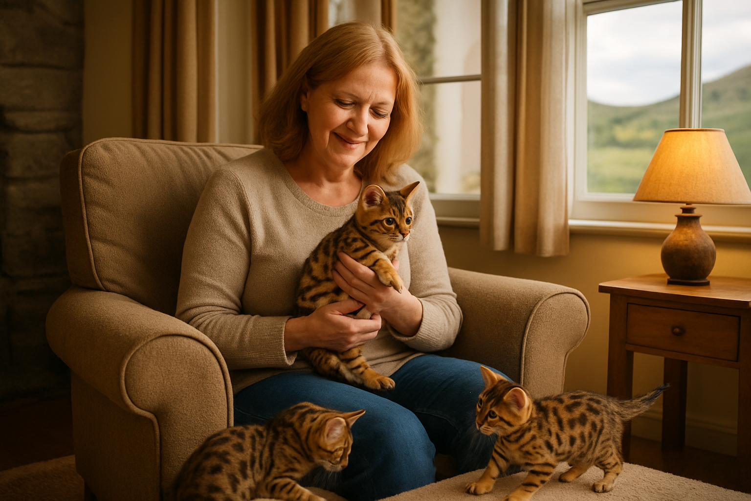 Create a realistic image of a cozy Scottish home interior with a middle-aged white female breeder sitting in a comfortable living room chair, gently holding a beautiful Bengal kitten with distinctive spotted coat patterns, while two more Bengal kittens play nearby on a soft carpet, with warm natural lighting streaming through windows showing glimpses of Scottish countryside, creating a trustworthy and professional breeding environment atmosphere, absolutely NO text should be in the scene.