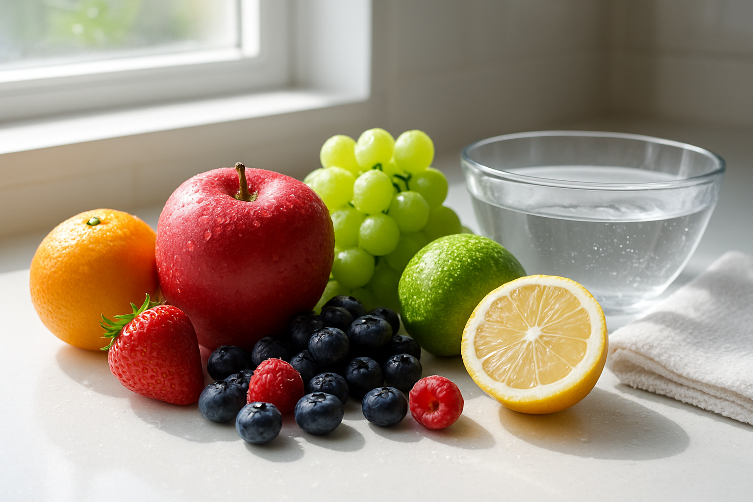 Create a realistic image of clean, fresh fruits including apples, berries, grapes, and citrus fruits arranged on a clean white kitchen counter, with sparkling water droplets still visible on their surfaces, alongside a glass bowl filled with clear water and a clean kitchen towel, soft natural lighting streaming through a window creating a bright and healthy atmosphere, emphasizing the pristine cleanliness and safety of properly washed produce, absolutely NO text should be in the scene.