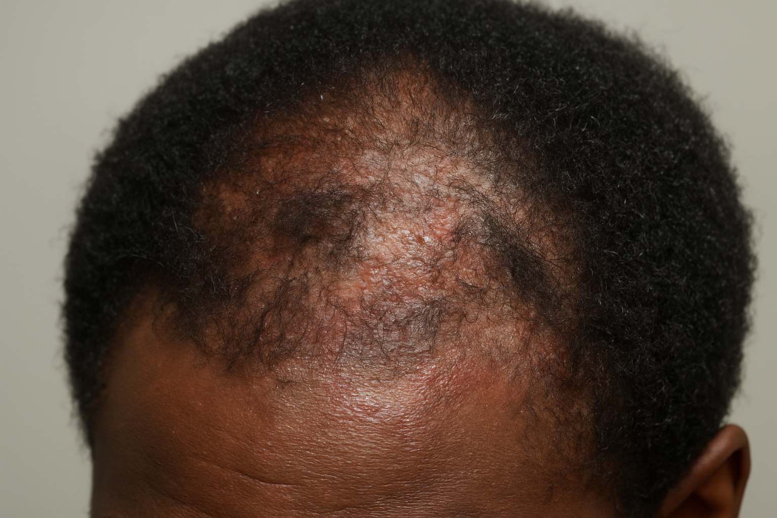 Create a realistic image of a close-up view of a black male's scalp and hair showing visible damage from chemical hair straightening treatments, including redness, irritation, and patches of thinning hair, with a clinical lighting setup against a neutral background, focusing on the physical side effects like scalp inflammation and hair breakage, shot in a documentary medical style that clearly shows the adverse reactions without being overly graphic. Absolutely NO text should be in the scene.