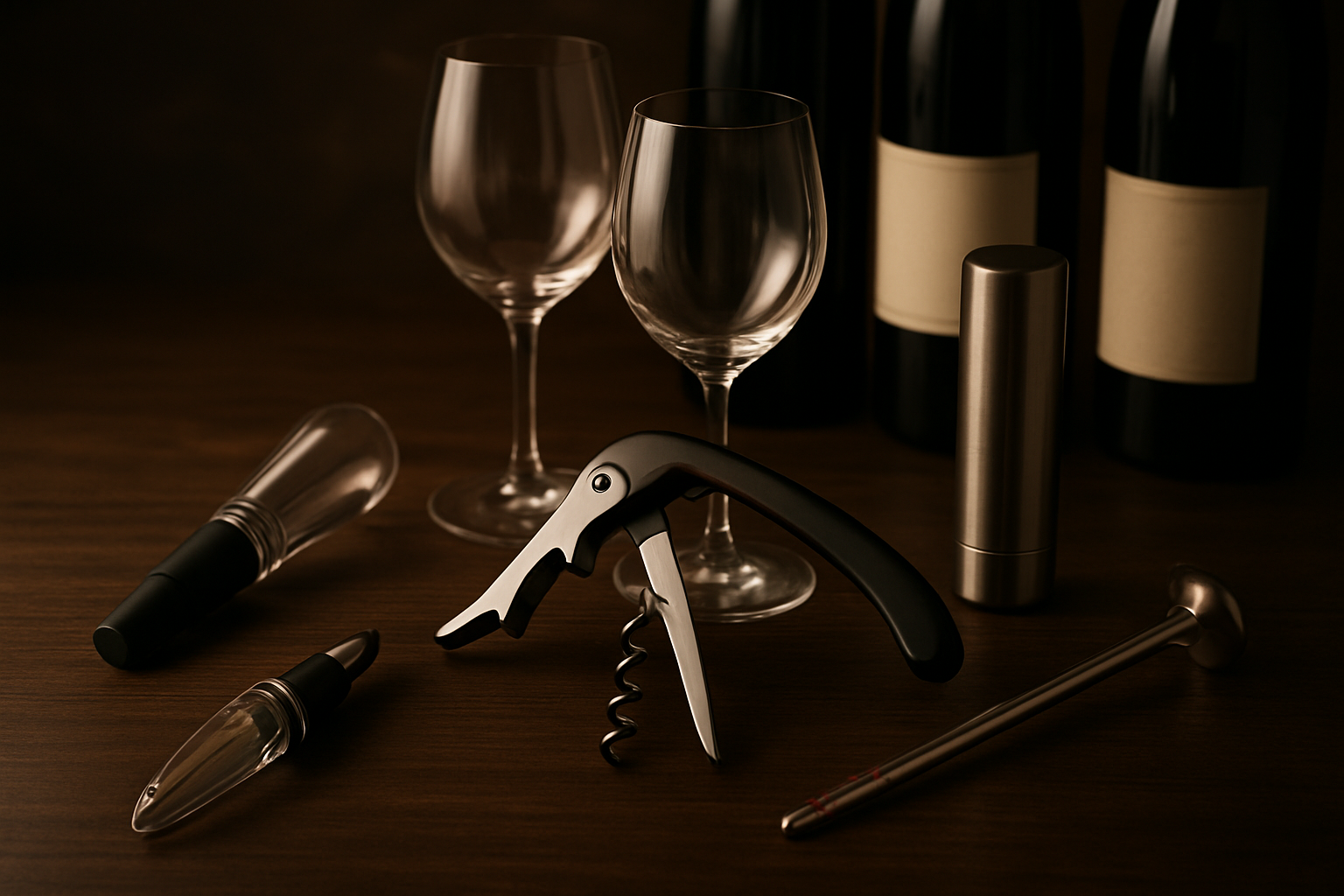 Best Wine Gifts Under $50 (2026 Guide) Create a realistic image of an elegant wine accessories collection arranged on a dark wooden table, featuring a professional corkscrew, wine aerator, crystal wine glasses, wine bottle opener, wine stopper, and a wine thermometer, with soft warm lighting casting gentle shadows, creating a sophisticated and luxurious atmosphere that suggests enhancing the wine drinking experience, with a few wine bottles partially visible in the background, absolutely NO text should be in the scene.