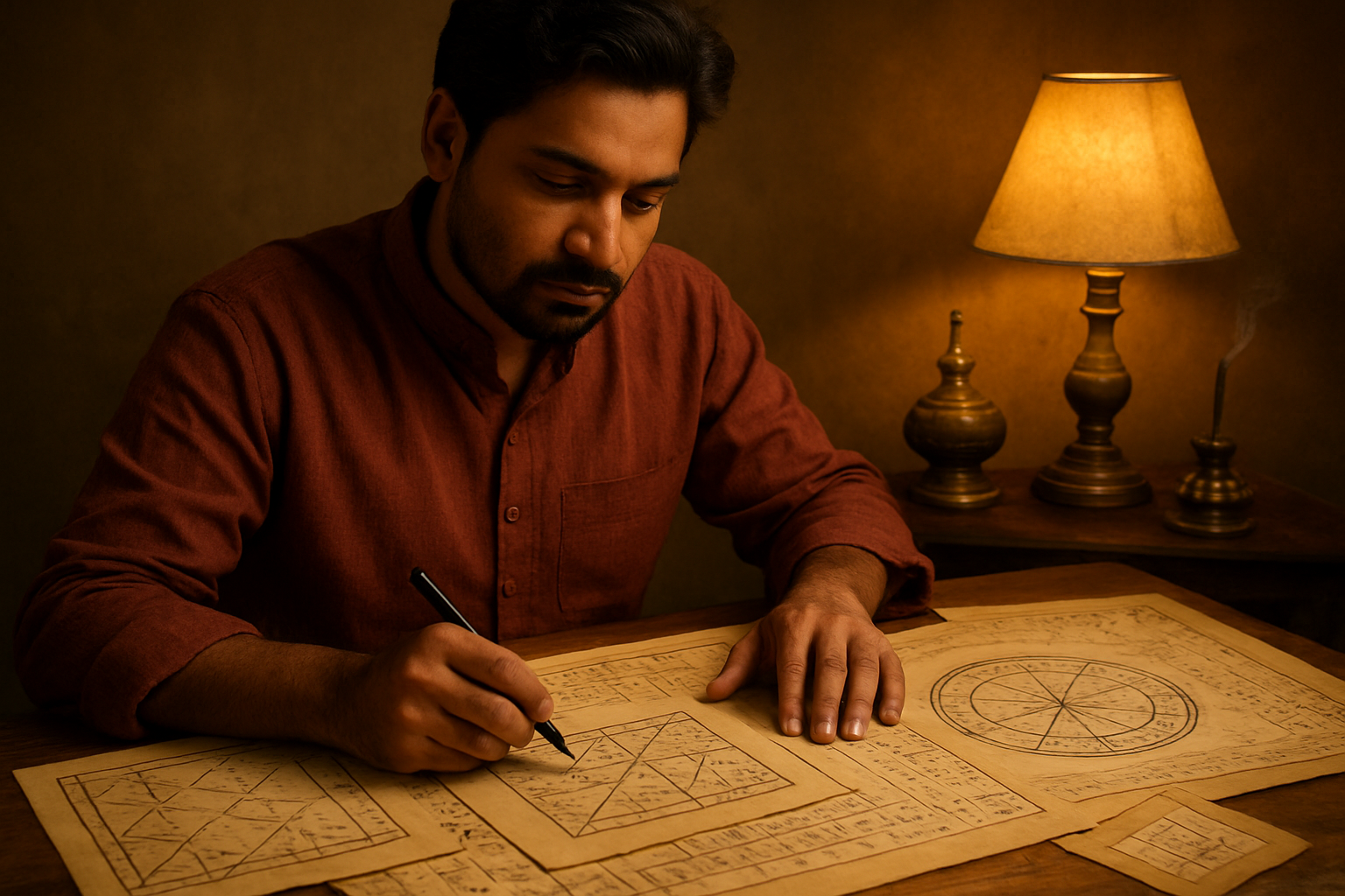 Create a realistic image of an Indian male astrologer sitting at a wooden desk with traditional Vedic astrology charts and hora calculation worksheets spread out, holding a pen while demonstrating practical astrological calculations, with warm golden lighting from a table lamp illuminating the ancient Sanskrit symbols and mathematical diagrams on the papers, traditional brass artifacts and incense holder visible in the background, creating a scholarly and mystical atmosphere that represents practical application of astrological methods, absolutely NO text should be in the scene.
