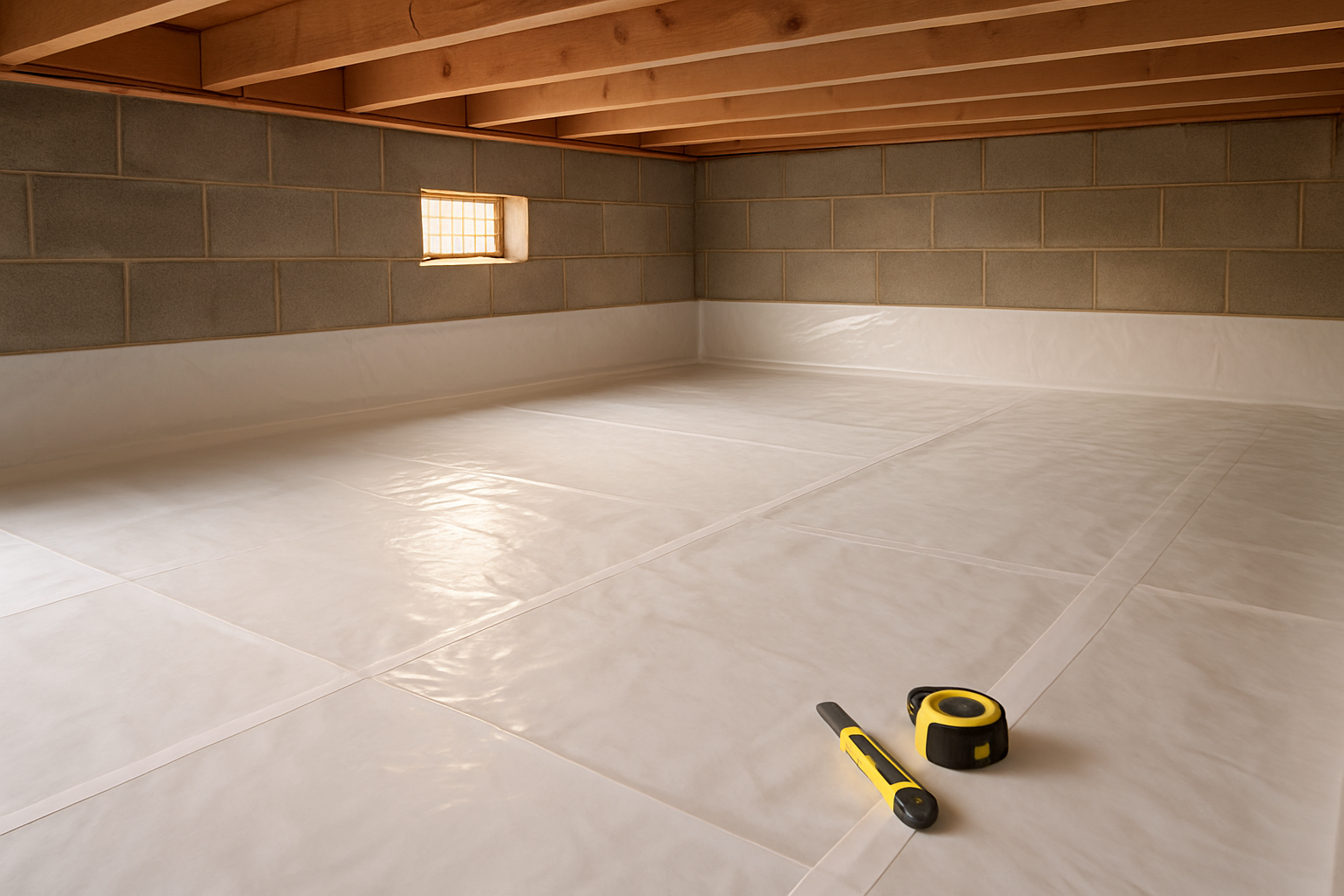 Create a realistic image of a clean, dry crawl space with a professionally installed white plastic vapor barrier covering the entire dirt floor, sealed edges along foundation walls, proper overlap seams, a few essential DIY tools like a utility knife and measuring tape placed neatly to one side, warm natural lighting filtering through a small foundation vent creating a sense of completion and protection, wooden floor joists visible above, concrete block foundation walls, showing the successful end result of a DIY moisture protection project with a clean and organized appearance that demonstrates long-lasting professional-quality installation, absolutely NO text should be in the scene.