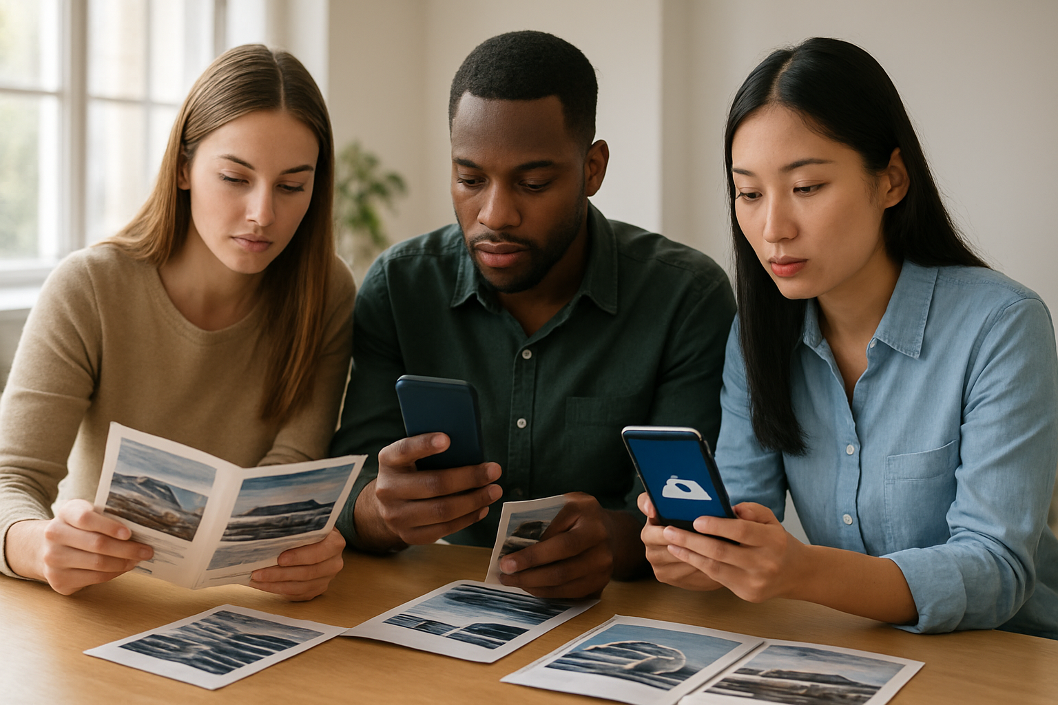 Create a realistic image of a diverse group of three people - a white female, black male, and Asian female - sitting around a modern wooden table examining and comparing different car service brochures and mobile phones displaying ride-sharing apps, with soft natural lighting from a large window in the background, clean contemporary office or home setting, focused and thoughtful expressions as they evaluate transportation options, warm and inviting atmosphere suggesting careful decision-making process, absolutely NO text should be in the scene.