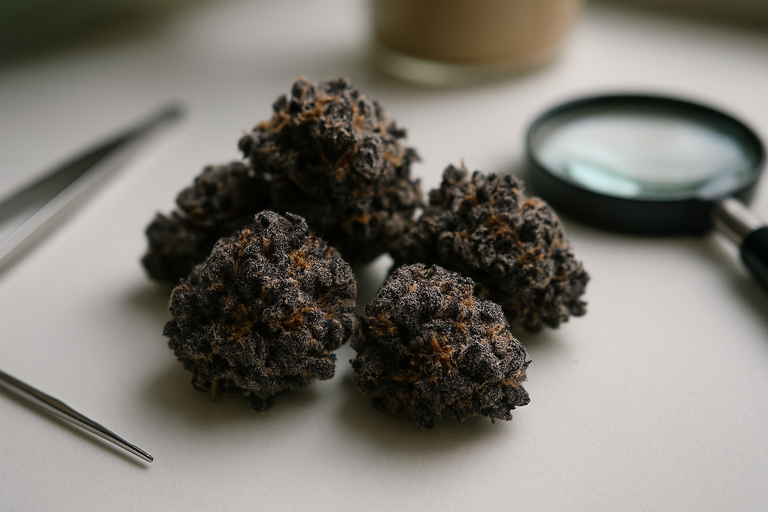 Create a realistic image of premium Black Gusher Runtz cannabis buds with dark purple and black coloration covered in crystalline trichomes, arranged on a clean white surface with soft natural lighting from above, surrounded by subtle growing equipment like small cultivation tools and a magnifying glass, with a peaceful and professional atmosphere that conveys completion and expertise, shot with shallow depth of field to highlight the detailed texture and quality of the cannabis flowers. Absolutely NO text should be in the scene.
