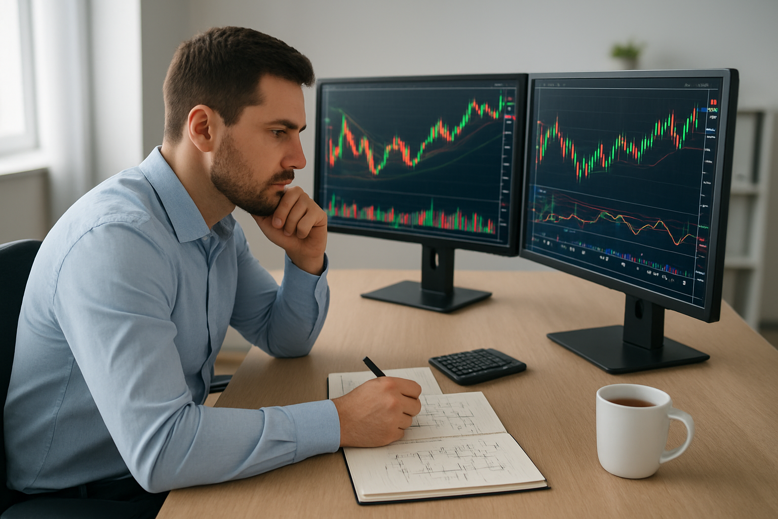 Create a realistic image of a professional workspace showing a white male trader in his 30s sitting at a modern desk with dual computer monitors displaying colorful stock charts, candlestick patterns, and trading indicators, with a notepad containing hand-drawn flowcharts and strategy diagrams, a calculator, and a coffee cup on the desk, surrounded by a clean modern office environment with soft natural lighting from a window, creating a focused and analytical atmosphere. Absolutely NO text should be in the scene.