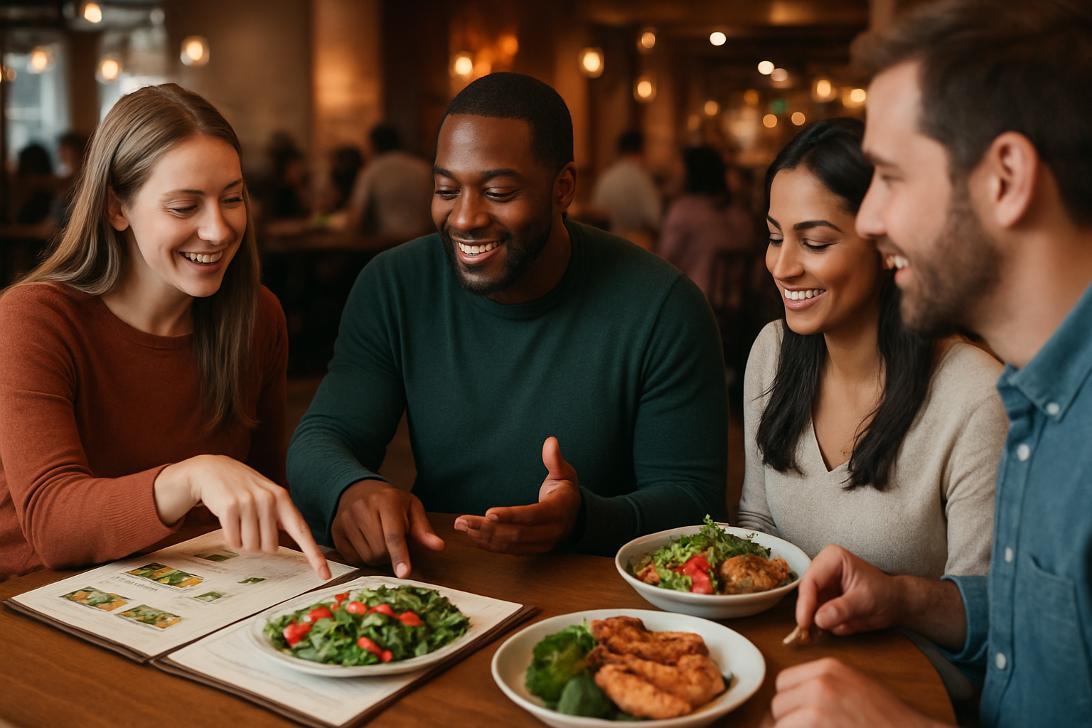 Create a realistic image of a diverse group of people sitting around a restaurant table making healthy food choices, with a white female pointing to a colorful salad on the menu while a black male gestures toward grilled vegetables on his plate, the scene shows a modern casual dining restaurant with warm ambient lighting, other diners visible in the blurred background, the table has fresh healthy dishes like grilled chicken, quinoa bowls, and mixed greens instead of typical fast food items, the atmosphere conveys social dining with friends making conscious healthy decisions together, absolutely NO text should be in the scene.