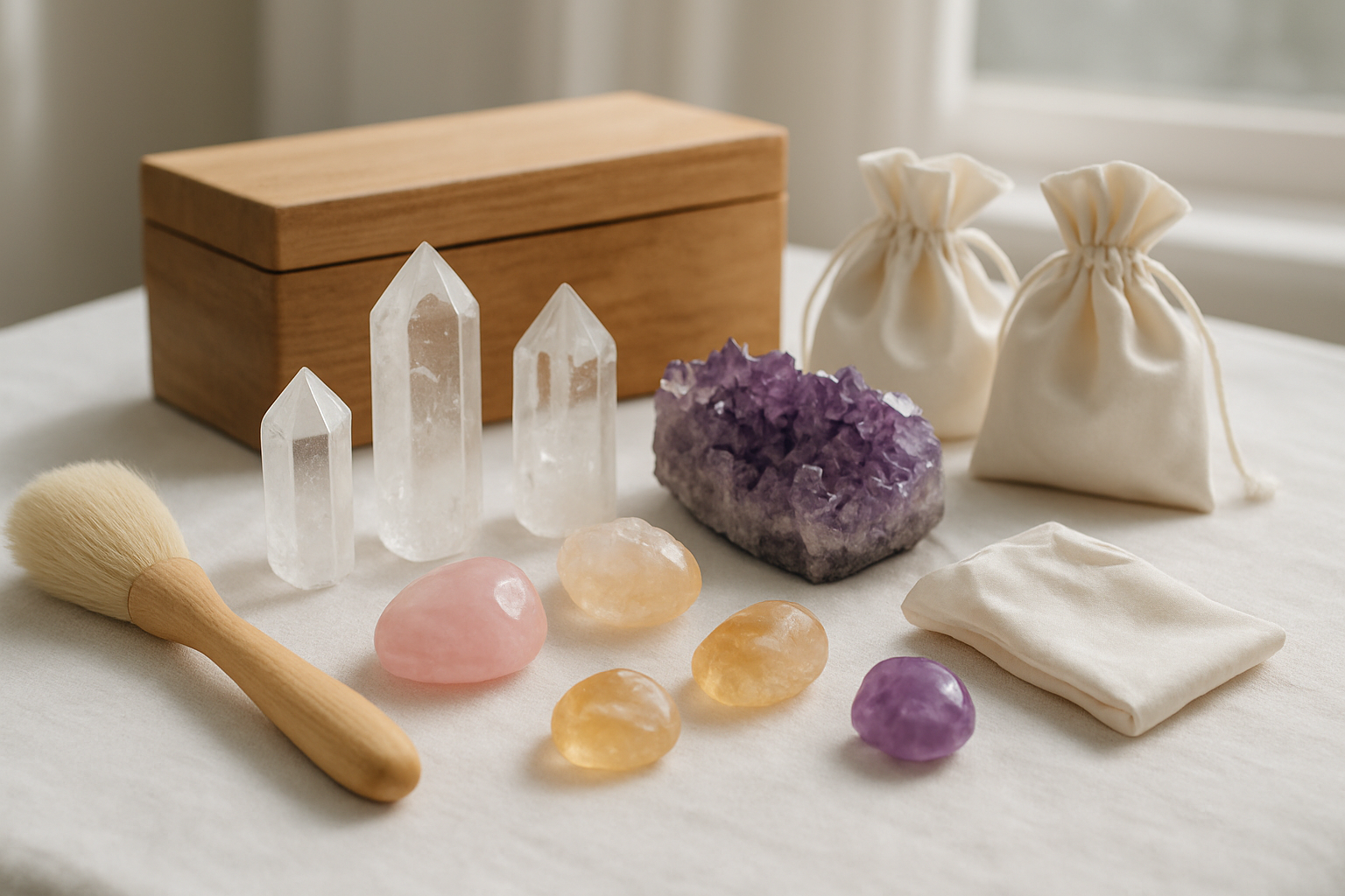 Create a realistic image of a serene crystal collection display showing various gemstones and crystals in pristine condition, including clear quartz points, amethyst clusters, rose quartz, and citrine stones arranged on a clean white cloth surface, with soft natural lighting filtering through a nearby window creating gentle shadows, surrounded by crystal care accessories like a soft cleaning brush, silk storage pouches, and a wooden storage box, conveying a sense of careful preservation and long-term maintenance in a peaceful indoor setting. Absolutely NO text should be in the scene.