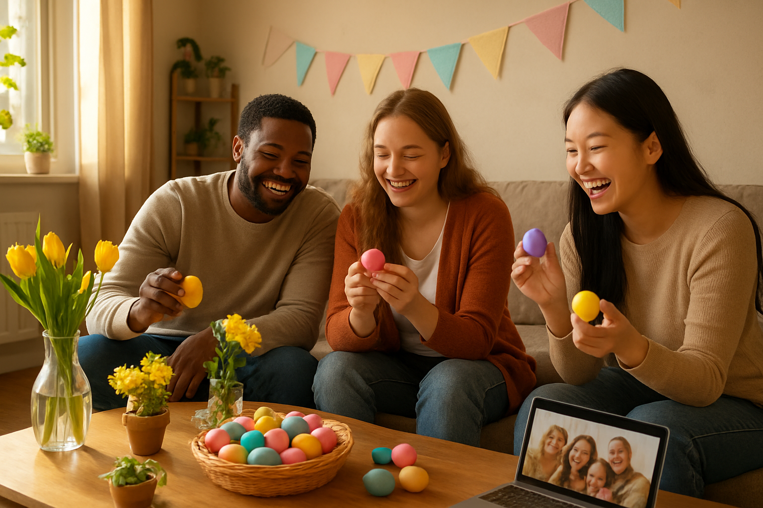 Create a realistic image of a cozy living room scene showing a diverse group of people celebrating Easter together, including a white female, black male, and Asian female sitting around a coffee table decorated with colorful Easter eggs, spring flowers in vases, and a laptop open showing a video call with smiling family members on screen, warm golden afternoon sunlight streaming through windows, Easter decorations like pastel bunting and small potted plants scattered throughout the modern apartment setting, conveying joy, connection, and celebration in a home-away-from-home atmosphere, absolutely NO text should be in the scene.
