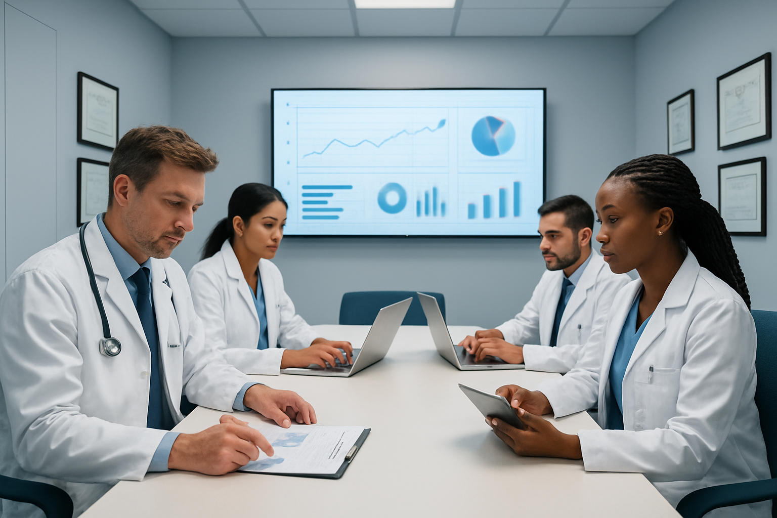 Create a realistic image of a modern hospital conference room with diverse medical professionals including a white male doctor and a black female doctor reviewing patient charts and medical data on laptops and tablets, with statistical graphs and success rate charts displayed on a large wall-mounted monitor, surrounded by medical certificates and awards on the walls, bright professional lighting, clean white and blue color scheme, conveying a sense of medical expertise and data analysis, absolutely NO text should be in the scene.