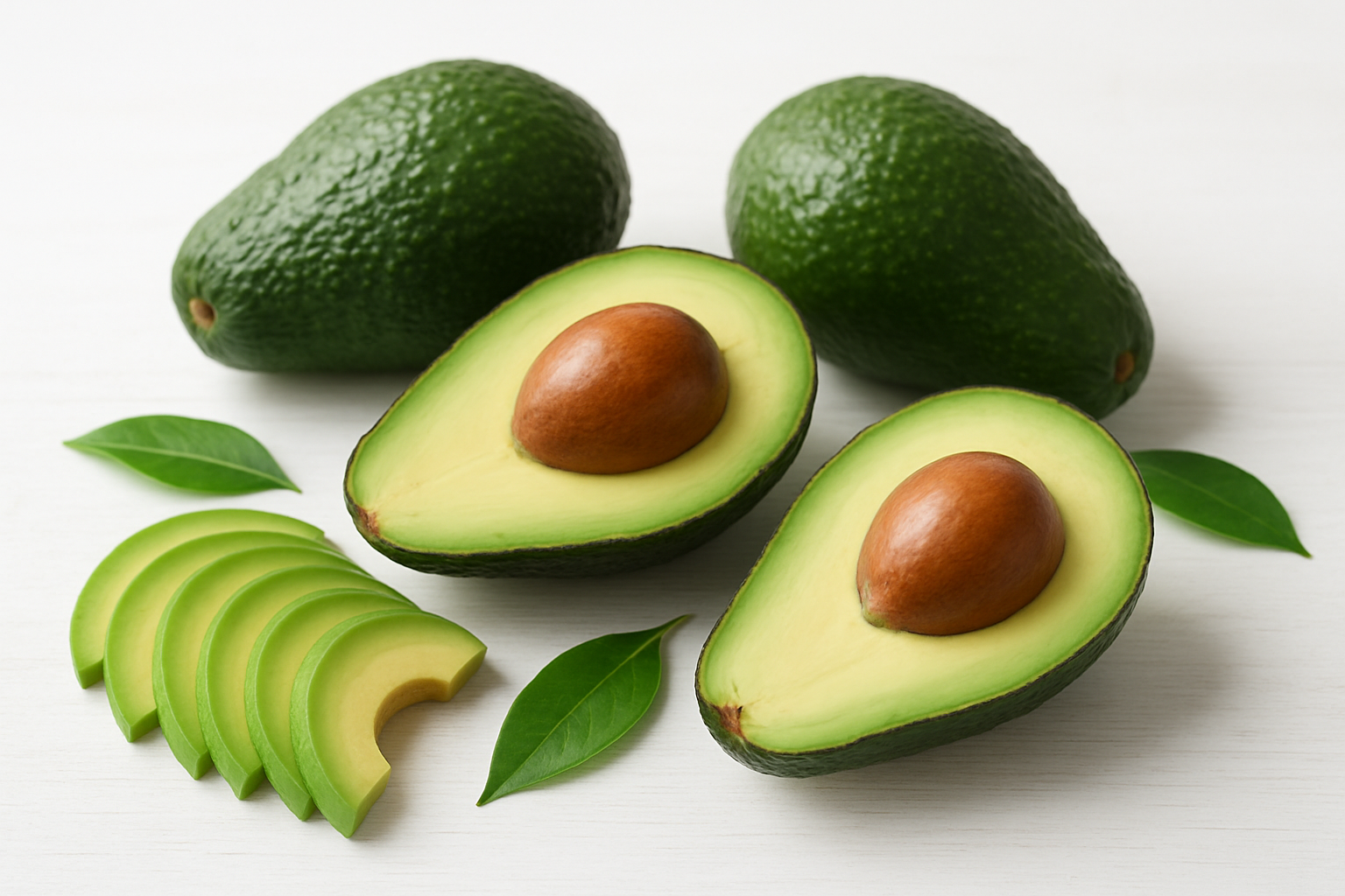 Create a realistic image of fresh whole avocados and halved avocados with exposed creamy green flesh and large brown pits, arranged on a clean white wooden surface, with some avocado slices fanned out showing the rich texture, surrounded by subtle green leaves as natural decoration, soft natural daylight creating gentle shadows, clean minimalist background emphasizing the vibrant green colors and smooth textures of the avocados, absolutely NO text should be in the scene.