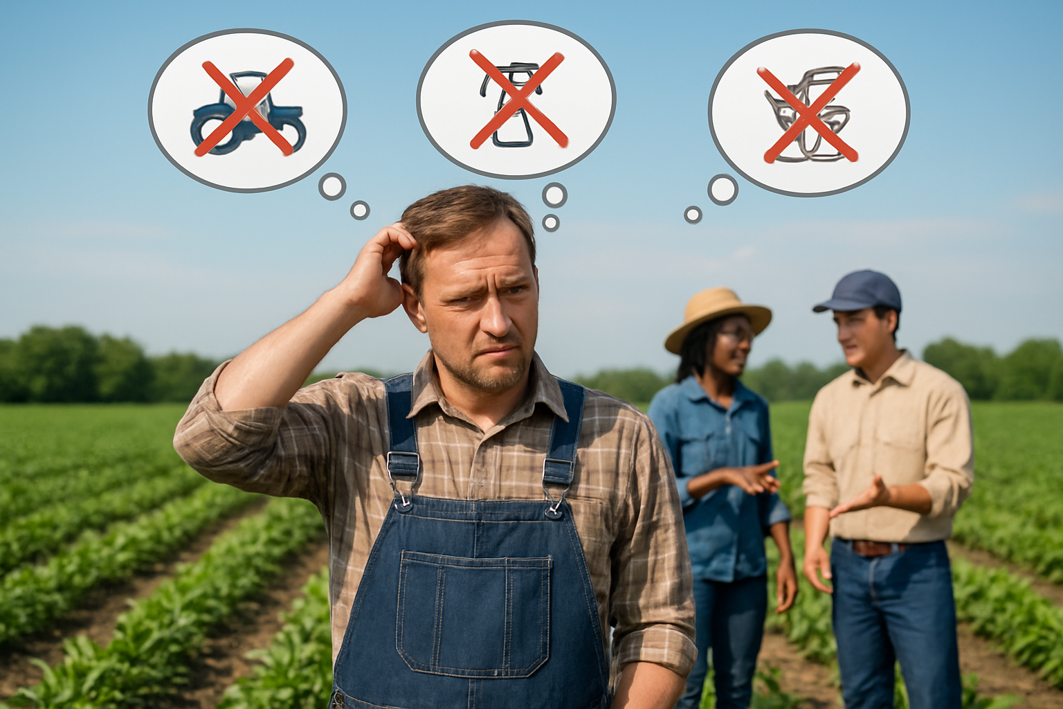 Create a realistic image of a confused white male farmer in his 40s standing in a lush green agricultural field, scratching his head while looking at healthy sprouting crops, with thought bubbles containing crossed-out symbols of common farming myths floating above him, surrounded by other diverse farmers (black female, Asian male) in the background discussing and pointing at successful crop rows, under bright natural daylight with clear blue skies, conveying a scene of learning and dispelling agricultural misconceptions, absolutely NO text should be in the scene.