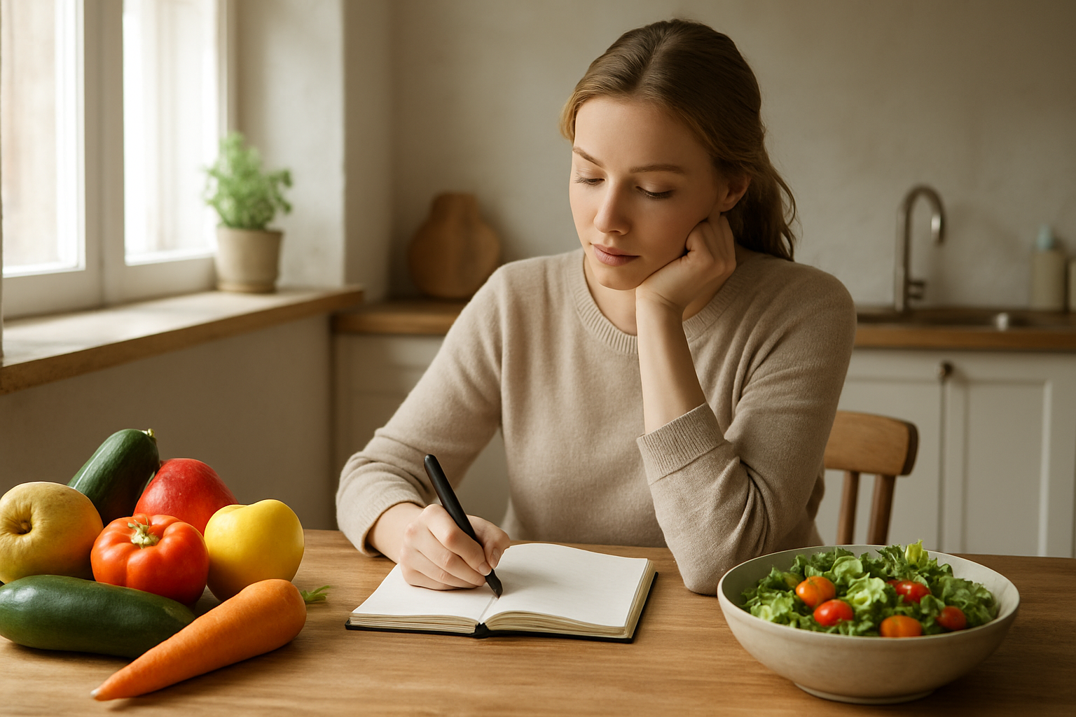 Create a realistic image of a serene kitchen scene with a white female sitting at a wooden dining table, thoughtfully writing in a notebook with a pen, surrounded by fresh healthy foods including colorful vegetables, fruits, and a bowl of salad, with natural sunlight streaming through a window creating soft shadows, conveying a peaceful and contemplative atmosphere of planning and goal-setting, absolutely NO text should be in the scene.