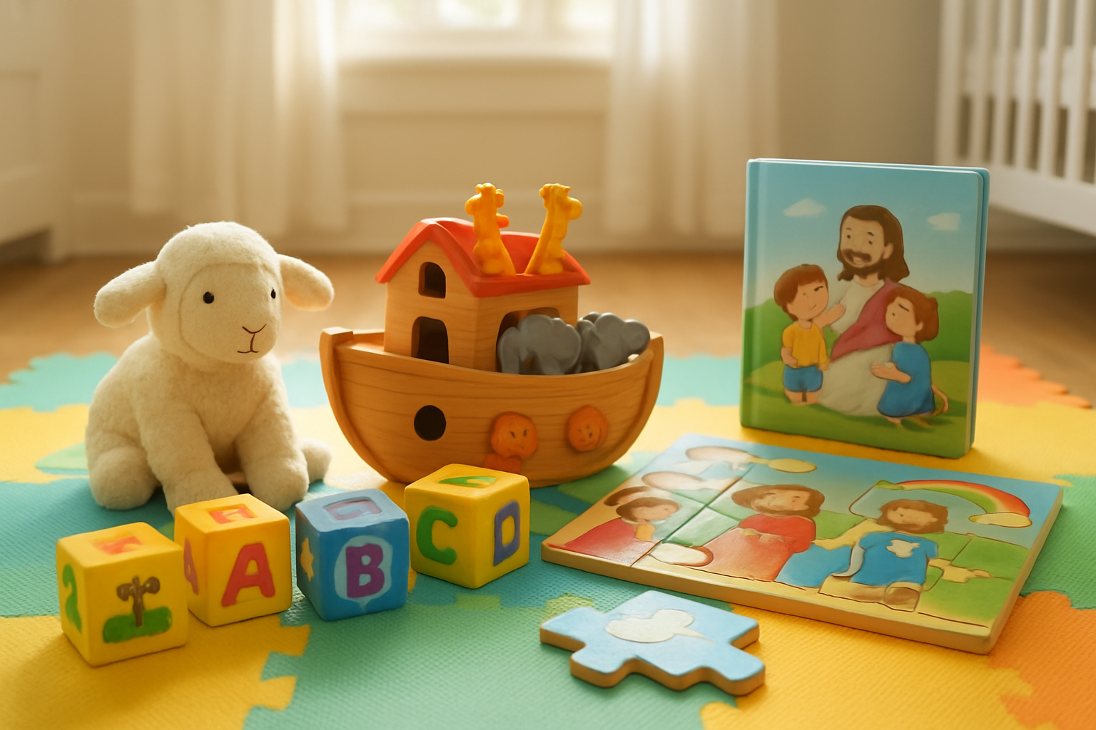 Create a realistic image of colorful Bible-themed learning toys arranged on a soft play mat, including wooden Noah's ark with animal pairs, alphabet blocks featuring Bible verses, a plush lamb, religious puzzle pieces, and a children's illustrated Bible book, set in a bright nursery room with natural sunlight streaming through windows, creating a warm and inviting educational atmosphere perfect for toddlers, absolutely NO text should be in the scene.