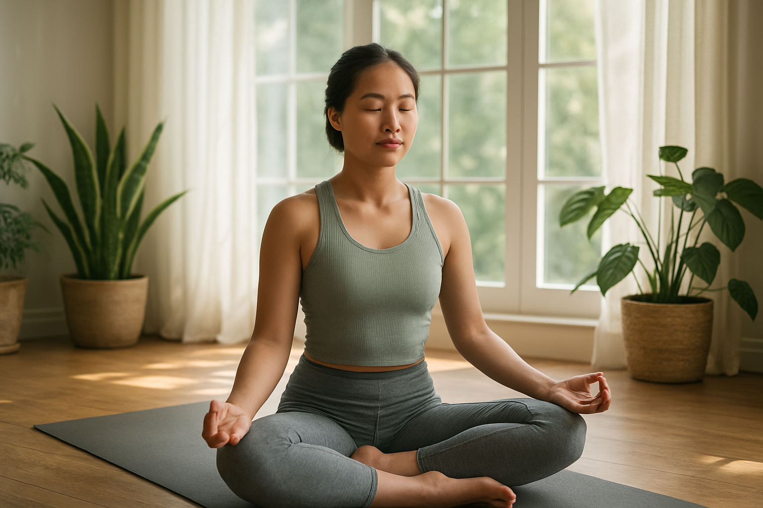 Create a realistic image of a serene Asian female in comfortable yoga attire sitting cross-legged in a peaceful meditative pose on a yoga mat, surrounded by soft natural morning light filtering through large windows, with indoor plants and wooden flooring creating a calming atmosphere, her eyes gently closed and hands resting on her knees in a grounding position, capturing a sense of inner peace and tranquility. Absolutely NO text should be in the scene.