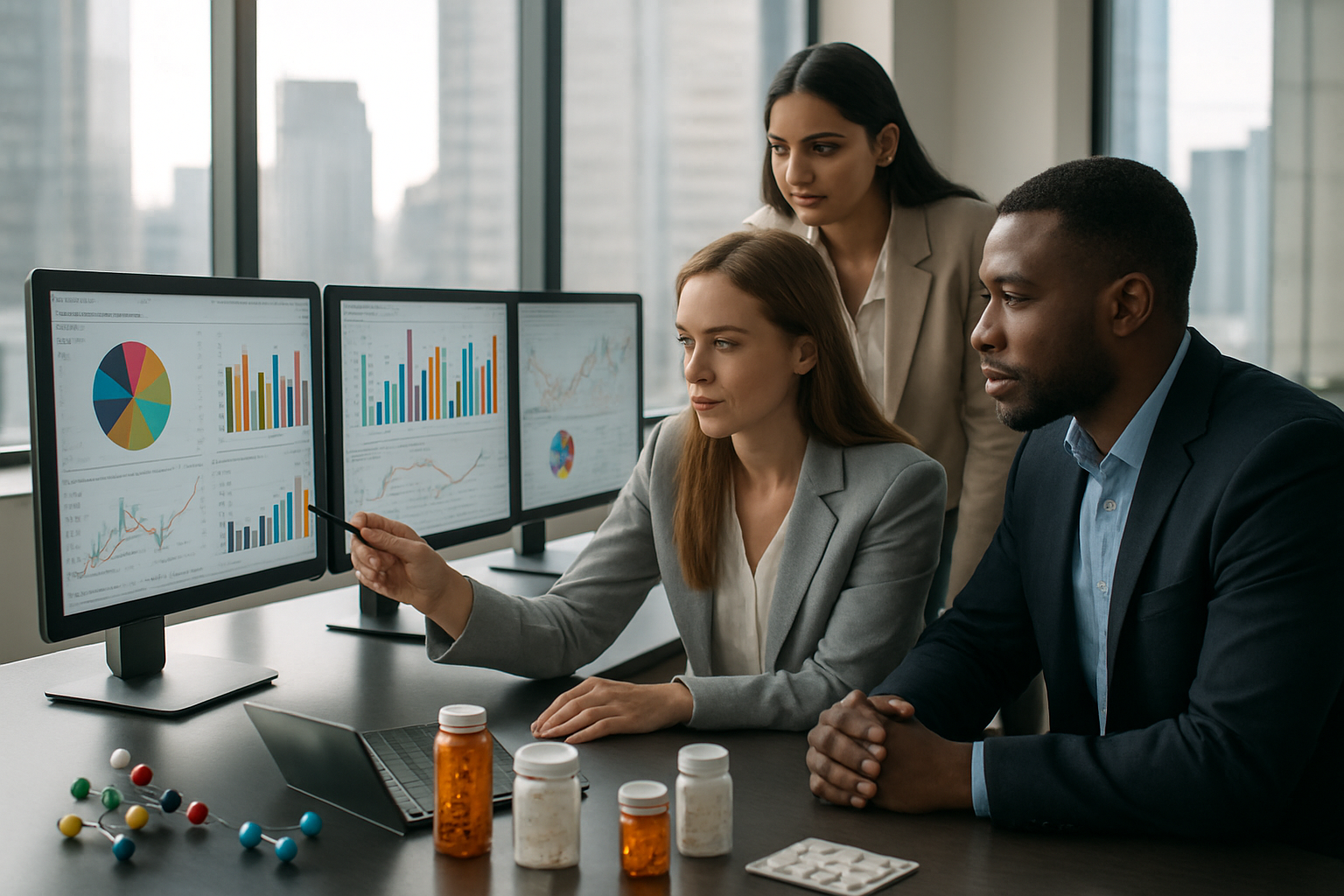 Create a realistic image of a modern financial analysis scene showing a diverse group of professionals including a white female analyst and a black male researcher examining colorful charts and graphs displaying pharmaceutical market data on multiple computer monitors, with biopharmaceutical molecules and traditional pill bottles arranged on a sleek conference table, set in a bright contemporary office with large windows showing a city skyline, conveying an atmosphere of innovation and economic growth through warm natural lighting and clean professional aesthetics, absolutely NO text should be in the scene.