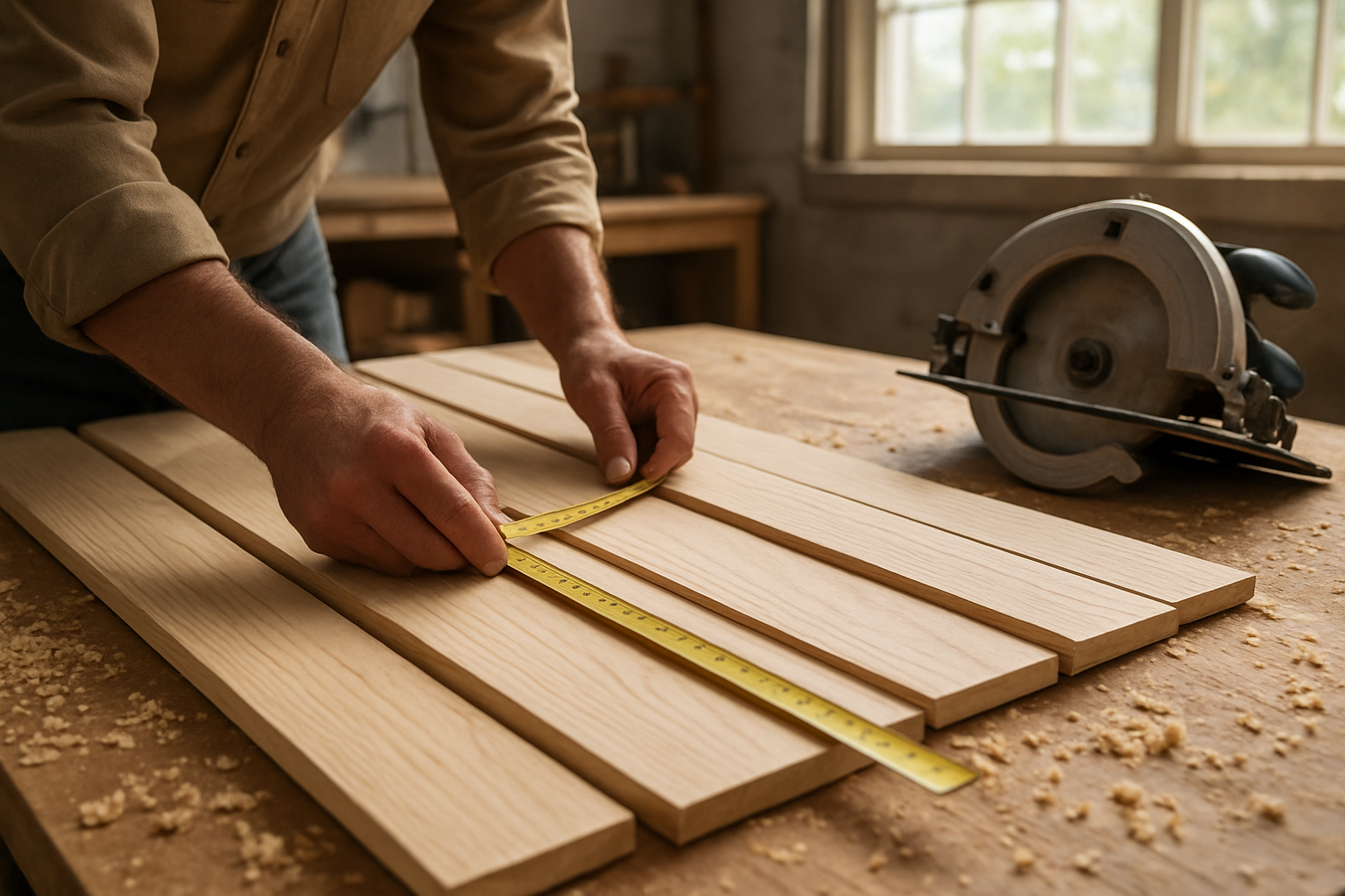 Create a realistic image of hands using a measuring tape to measure wooden shiplap boards laid out on a workbench, with a circular saw nearby and wood shavings scattered around, in a well-lit workshop garage setting with natural lighting coming through windows, showing the precise measurement and cutting preparation process for door construction, absolutely NO text should be in the scene.