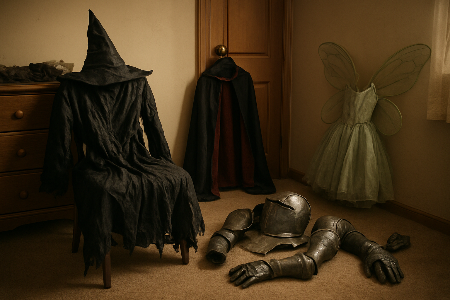 Create a realistic image of a cluttered bedroom or dressing room with several traditional Halloween costumes scattered around showing signs of wear and inconvenience, including a wrinkled witch costume with a torn hem draped over a chair, a bulky medieval knight armor costume with loose pieces on the floor, a vampire cape with a broken clasp hanging on a door, and a fairy costume with bent wings leaning against a wall, warm indoor lighting casting soft shadows, creating a mood of frustration and dissatisfaction with costume quality, absolutely NO text should be in the scene.