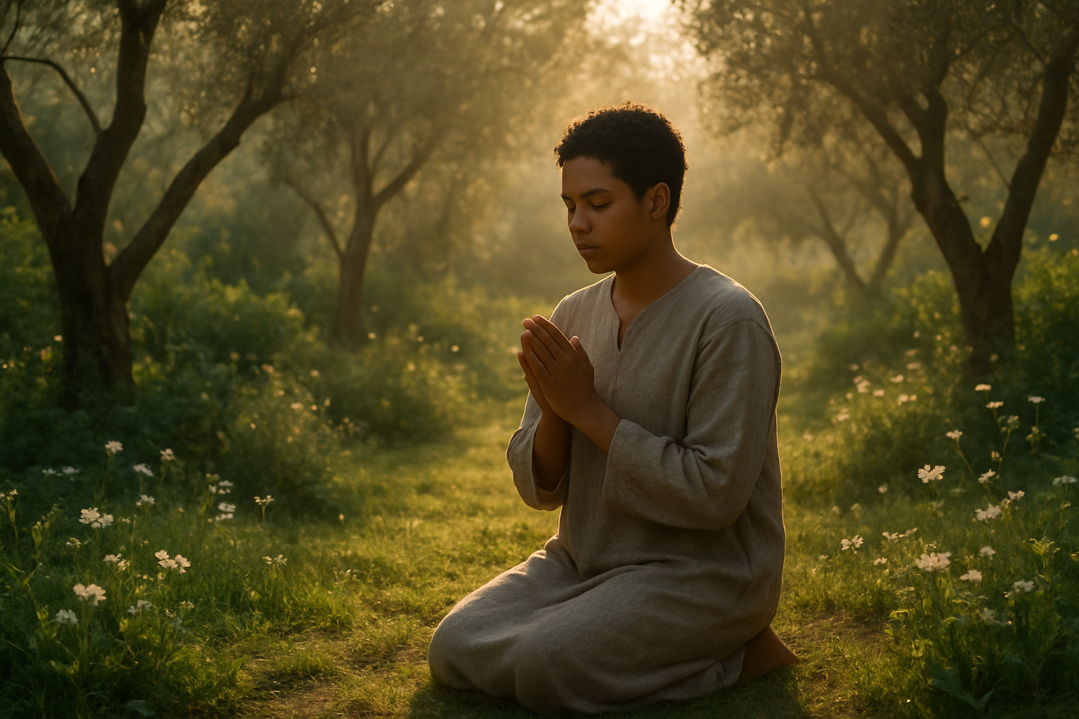 Create a realistic image of a peaceful prayer scene showing a person of mixed race, gender-neutral, kneeling in quiet prayer in a serene garden setting with soft morning light filtering through olive trees, hands folded in contemplation, surrounded by gentle flowers and lush greenery, creating a tranquil atmosphere of spiritual reflection and devotion, with warm golden sunlight casting gentle shadows on the ground, emphasizing a sense of divine connection and inner peace, absolutely NO text should be in the scene.
