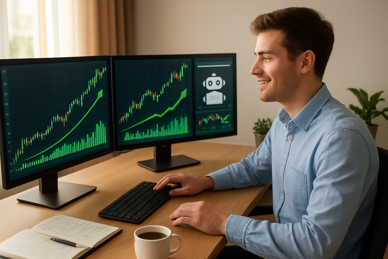 Create a realistic image of a young white male beginner trader sitting at a modern desk with multiple computer monitors displaying colorful trading charts, graphs with upward trending arrows, and profit indicators in green, while an AI trading bot interface shows automated transactions running in the background, warm natural lighting from a window creates an optimistic atmosphere, the scene includes a notebook with trading notes, a coffee cup, and subtle tech elements like a smartphone showing market notifications, conveying success and learning in a clean modern home office environment, absolutely NO text should be in the scene.