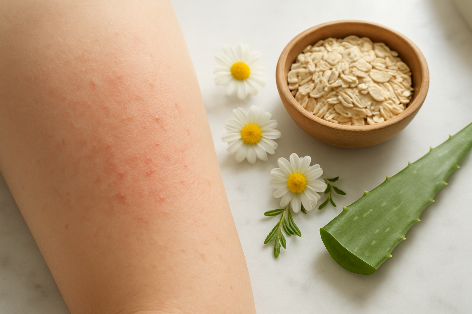 Create a realistic image of a close-up view of human skin showing different sensitivity indicators like slight redness, small patches of irritation, and delicate texture, alongside gentle natural skincare elements such as chamomile flowers, aloe vera leaves, and oatmeal in small wooden bowls, arranged on a clean white marble surface with soft, diffused natural lighting from a window, creating a calm and clinical yet natural atmosphere that emphasizes skin care and sensitivity awareness, absolutely NO text should be in the scene.