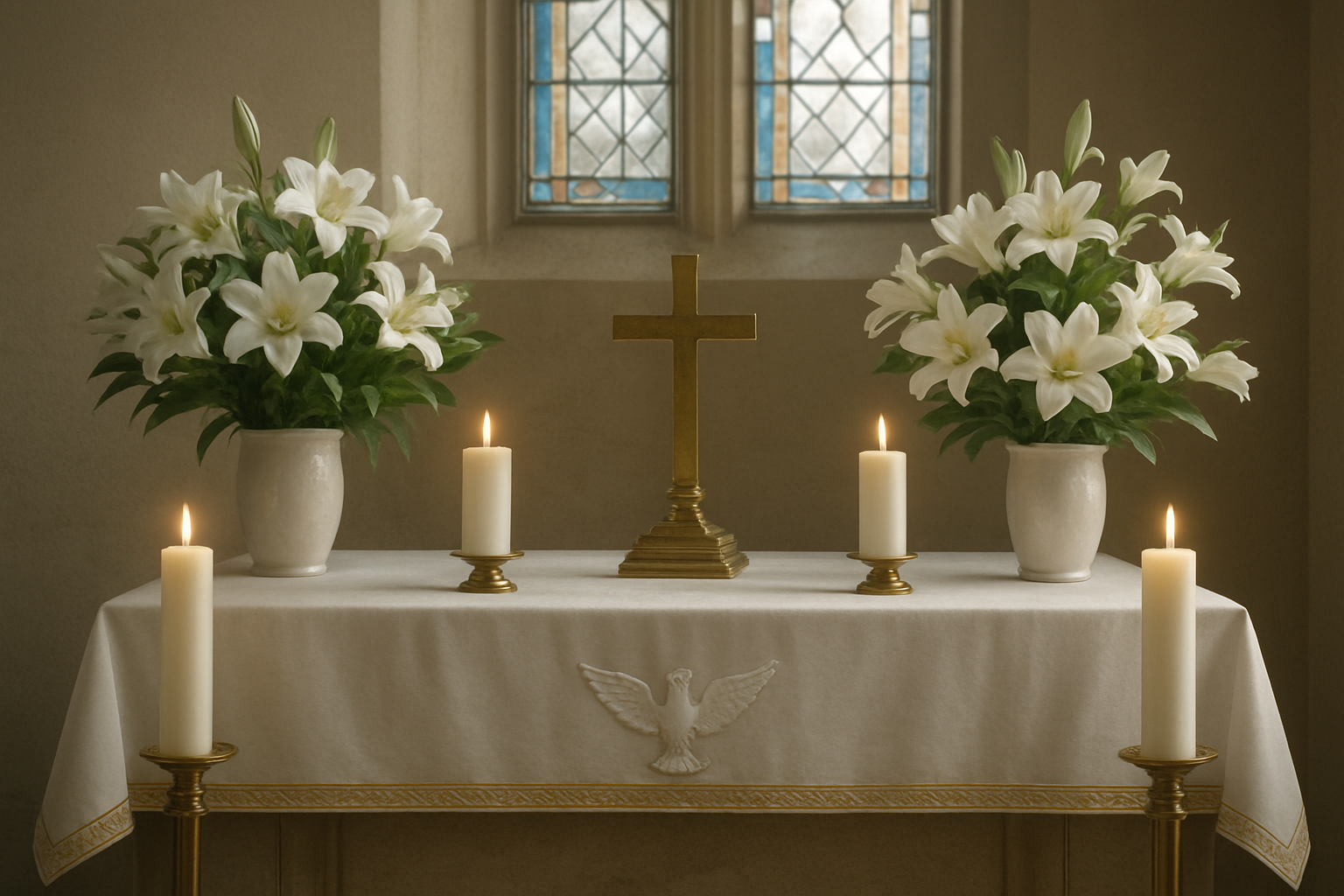 Create a realistic image of a serene church altar decorated predominantly in white for Easter celebration, featuring white lilies, white candles, white altar cloth with golden accents, white dove symbol, soft natural lighting streaming through stained glass windows creating gentle shadows, peaceful and sacred atmosphere emphasizing the purity and significance of white as Easter's primary color, absolutely NO text should be in the scene.