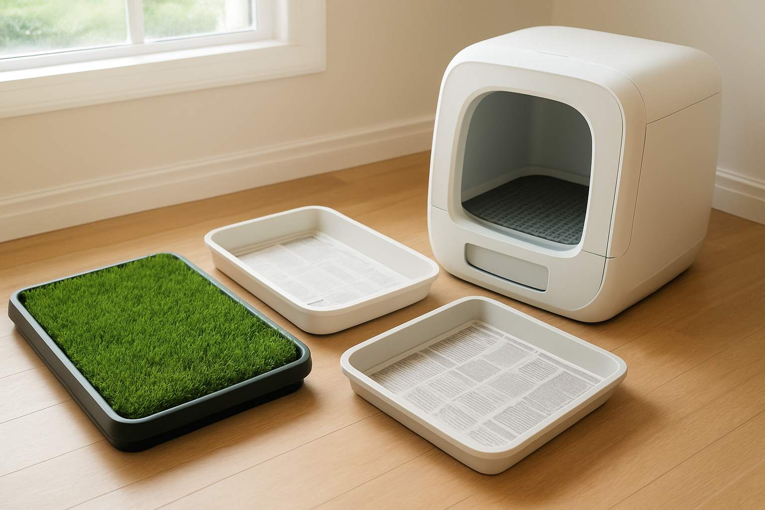 Create a realistic image of various indoor dog potty systems displayed on a clean wooden floor, including a grass pad potty with realistic artificial turf, a newspaper-lined training tray, and a modern self-cleaning indoor toilet system, each showing their key functional components like drainage systems, odor control features, and easy-to-clean surfaces, with soft natural lighting from a nearby window creating a bright, hygienic home environment, absolutely NO text should be in the scene.
