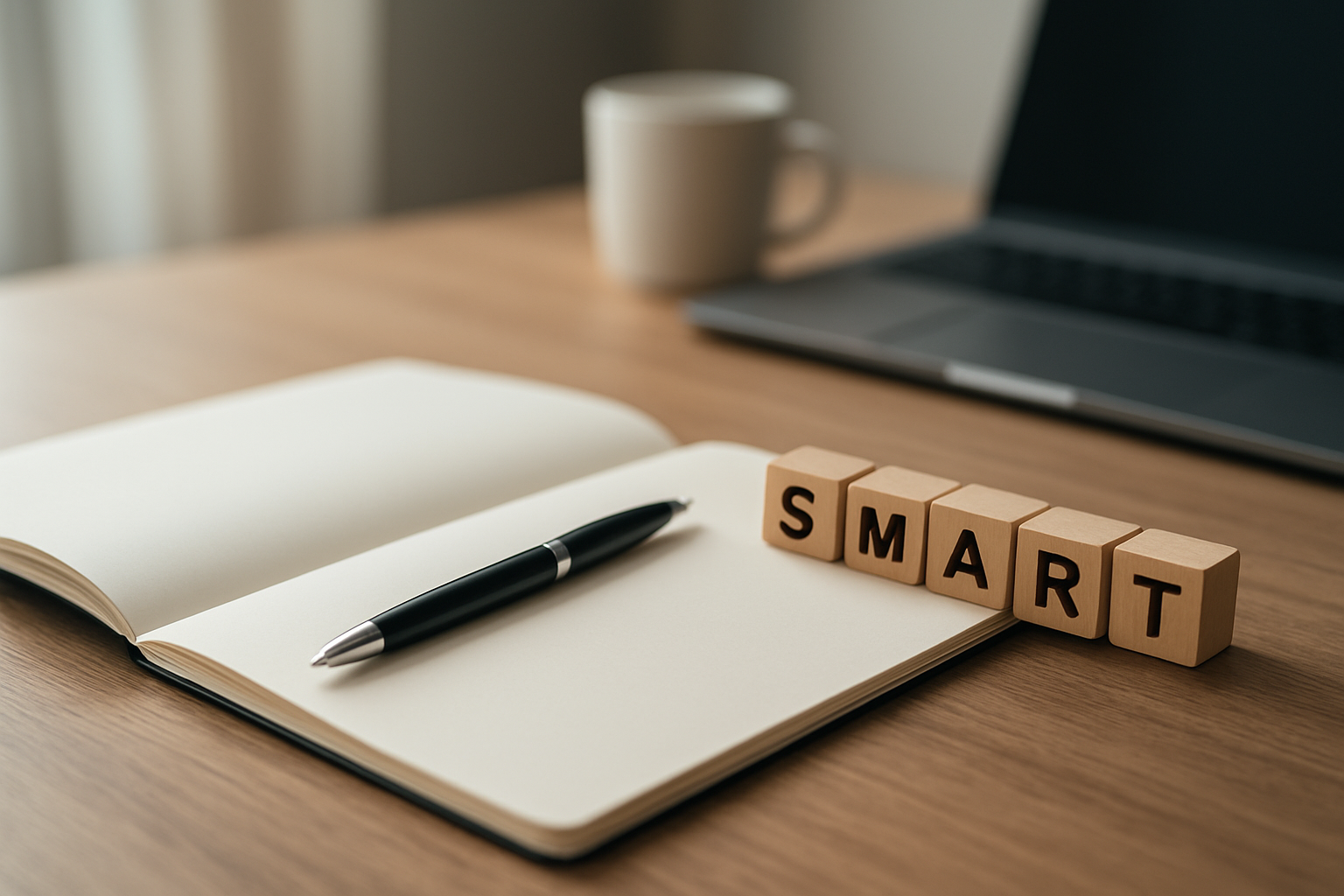 Create a realistic image of a close-up view of a wooden desk surface with a clean notebook opened to a blank page, a sleek pen lying diagonally across the page, and small wooden letter blocks spelling out "SMART" arranged neatly beside the notebook, with soft natural lighting from a window creating gentle shadows, and a minimalist office environment in the blurred background featuring a laptop and coffee cup, conveying a focused and organized goal-setting atmosphere, absolutely NO text should be in the scene.