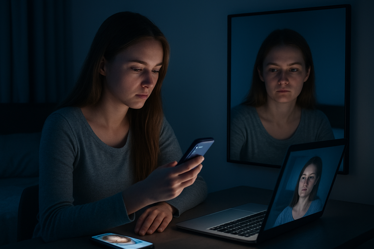 Create a realistic image of a young white female sitting at a modern desk looking at multiple glowing smartphone and laptop screens showing different social media profiles with filtered photos, while her real reflection in a nearby mirror appears more natural and unfiltered, creating a stark contrast between her authentic self and digital personas, set in a dimly lit bedroom with soft blue light emanating from the screens, conveying a contemplative and slightly melancholic mood about digital identity versus reality, absolutely NO text should be in the scene.