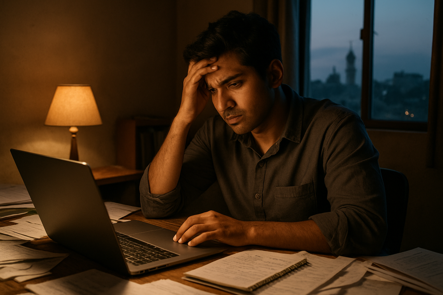 Create a realistic image of a young South Asian male freelancer sitting at a cluttered desk with a laptop, looking thoughtful while holding his head in one hand, surrounded by scattered papers and notebooks, with a dim warm lamp providing focused lighting in a modest home office setting, showing visible stress lines on his face as he contemplates work challenges, with a window in the background showing a Pakistani cityscape during evening hours, creating a mood that reflects both determination and the struggles of freelancing, absolutely NO text should be in the scene.