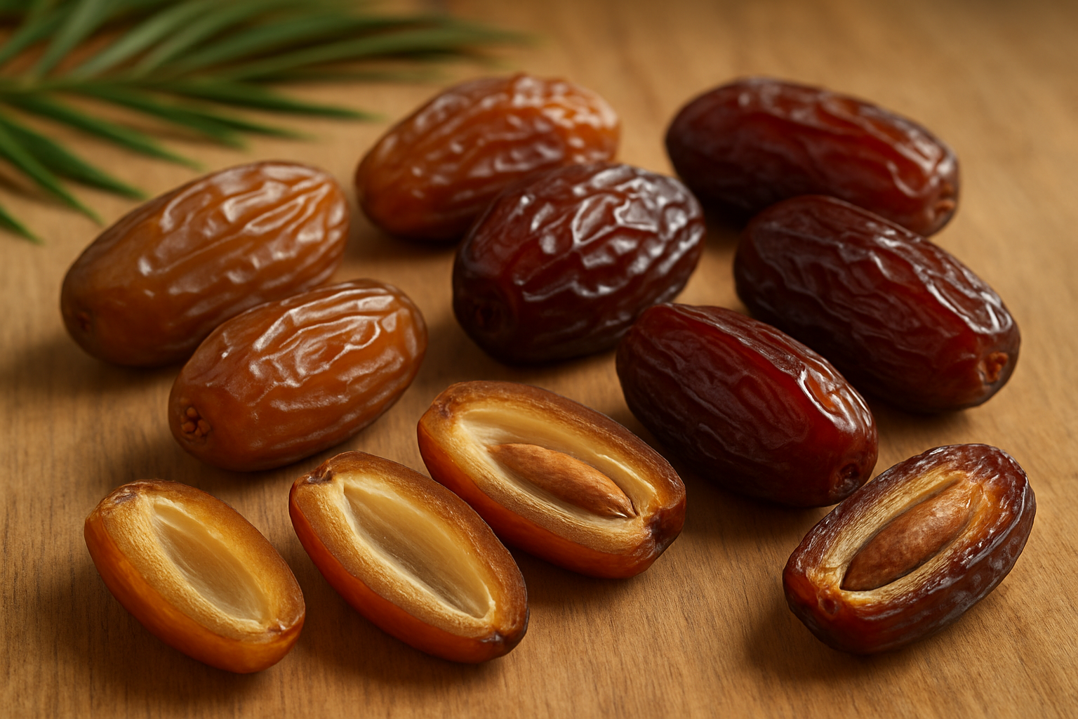 Create a realistic image of fresh date fruits in various stages of ripeness, showing both whole dates and some cut in half to reveal the inner flesh and pit, arranged on a natural wooden surface with soft, warm lighting that highlights the rich brown colors and glossy texture of the dates, with some palm fronds or leaves visible in the background to provide context, shot in a clean, educational style that emphasizes the natural beauty and details of the fruit. Absolutely NO text should be in the scene.