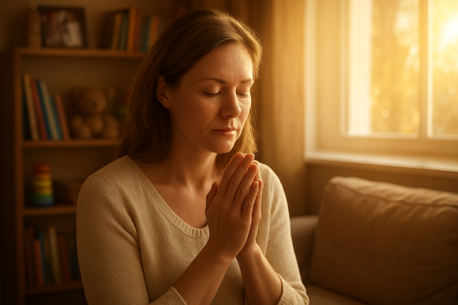 Create a realistic image of a peaceful white mother with her eyes gently closed in prayer, sitting in a warm, softly-lit living room with her hands clasped together, while in the background there are subtle glimpses of children's belongings like books, toys, and family photos on shelves, with golden afternoon sunlight streaming through a window creating a serene and hopeful atmosphere that conveys protection, love, and spiritual devotion, absolutely NO text should be in the scene.