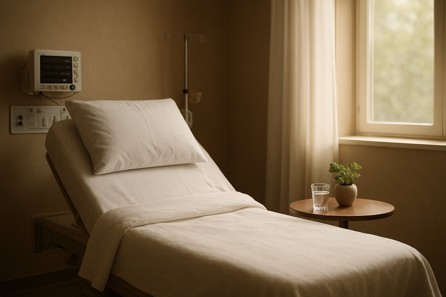 Create a realistic image of a serene medical treatment room with soft, warm lighting featuring a comfortable reclining chair or bed with clean white linens, a small side table with a glass of water and natural elements like a small plant, medical monitoring equipment subtly placed in the background, calming earth-tone walls, and a peaceful atmosphere that conveys safety and healing, with gentle natural light filtering through a window. Absolutely NO text should be in the scene.