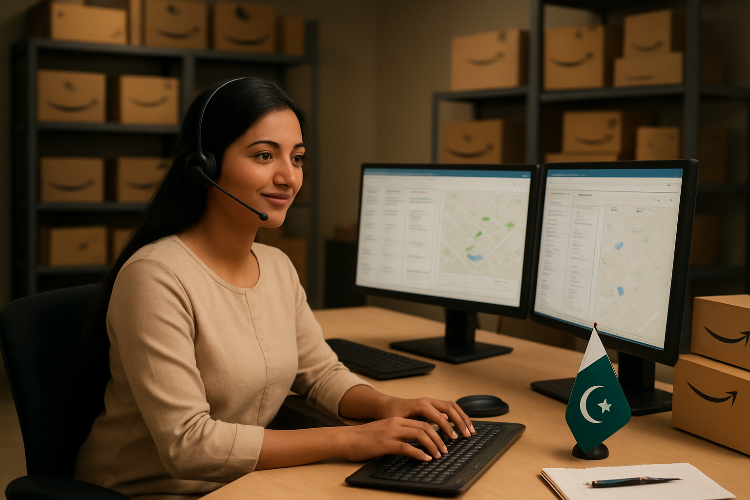 Create a realistic image of a modern customer service office setting with a South Asian female representative wearing a headset sitting at a computer workstation, helping customers with Amazon order inquiries, with multiple computer monitors displaying order tracking information, a Pakistani flag visible on the desk, return shipping boxes and packages neatly arranged on nearby shelves, warm professional lighting, clean organized workspace with customer service materials, and a helpful supportive atmosphere, absolutely NO text should be in the scene.