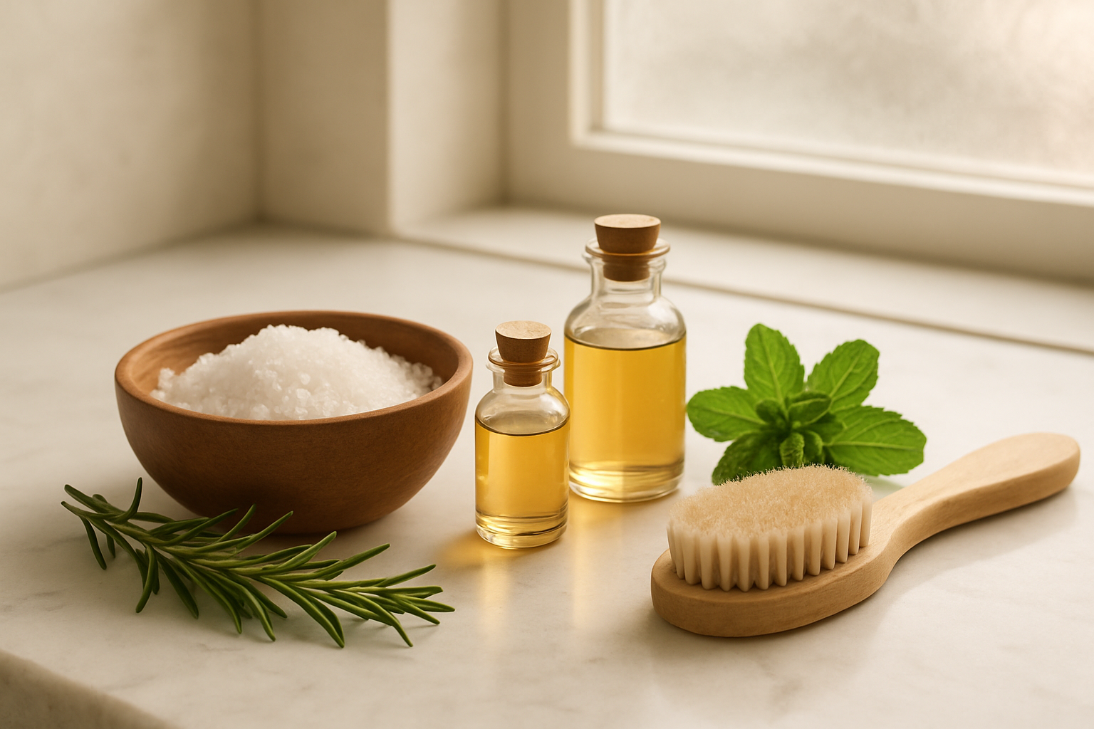 Create a realistic image of a serene spa-like bathroom setting with a clean white marble countertop displaying natural scalp detox ingredients including a wooden bowl filled with sea salt, small glass bottles of essential oils, fresh herbs like rosemary and mint, and a soft natural bristle brush, with soft natural lighting streaming through a frosted window creating a calming atmosphere that represents the completion of a scalp detox routine and the achievement of healthy scalp maintenance, featuring warm neutral tones and a peaceful ambiance that conveys wellness and self-care success. Absolutely NO text should be in the scene.
