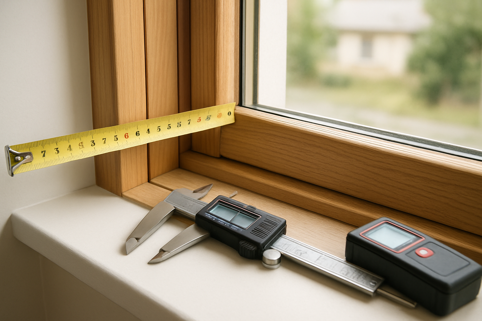 Create a realistic image of a professional measuring tape extended across a window frame showing both interior and exterior dimensions, with a digital caliper measuring the window frame thickness, and a laser measuring device positioned nearby on a clean work surface, bright natural daylight illuminating the scene through the window, wood window frame with visible measurement points marked, tools arranged in an organized manner suggesting precise measurement techniques, clean modern interior setting with neutral colors, Absolutely NO text should be in the scene.