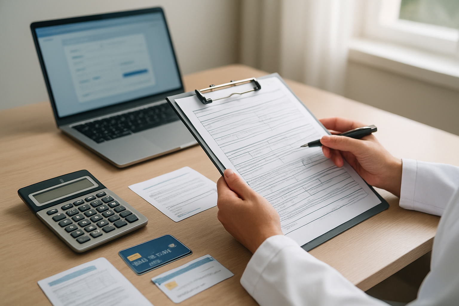 Create a realistic image of a clean, modern medical office desk with insurance documents, payment cards, and financial paperwork spread across the surface, featuring a white female healthcare administrator's hands holding a clipboard with medical forms, surrounded by a calculator, credit cards, insurance cards, and a laptop computer showing payment processing interface, with soft natural lighting from a window creating a professional healthcare setting atmosphere, absolutely NO text should be in the scene.