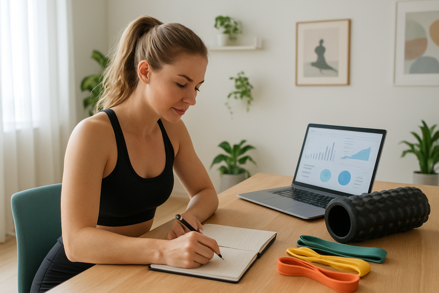 Create a realistic image of a white female fitness trainer in athletic wear sitting at a clean wooden desk writing in a notebook with a pen, surrounded by flexibility training props including yoga blocks, resistance bands, and a foam roller, with a laptop displaying charts and progress tracking graphs in the background, bright natural lighting from a window, organized and motivational fitness studio environment with plants and inspirational posters on the walls, absolutely NO text should be in the scene.